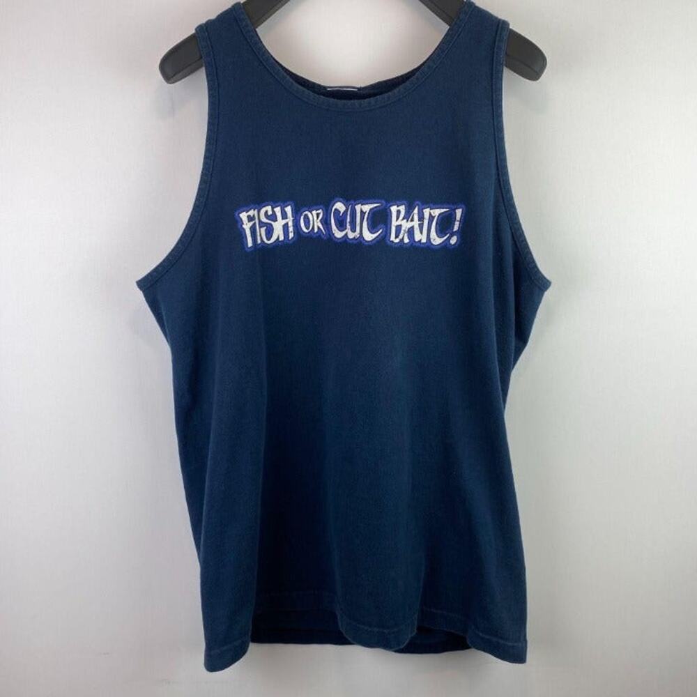 SALE Vintage HFG x Hanes "FISH or CUT BAIT!" Navy Blue Tank Top Men's Large